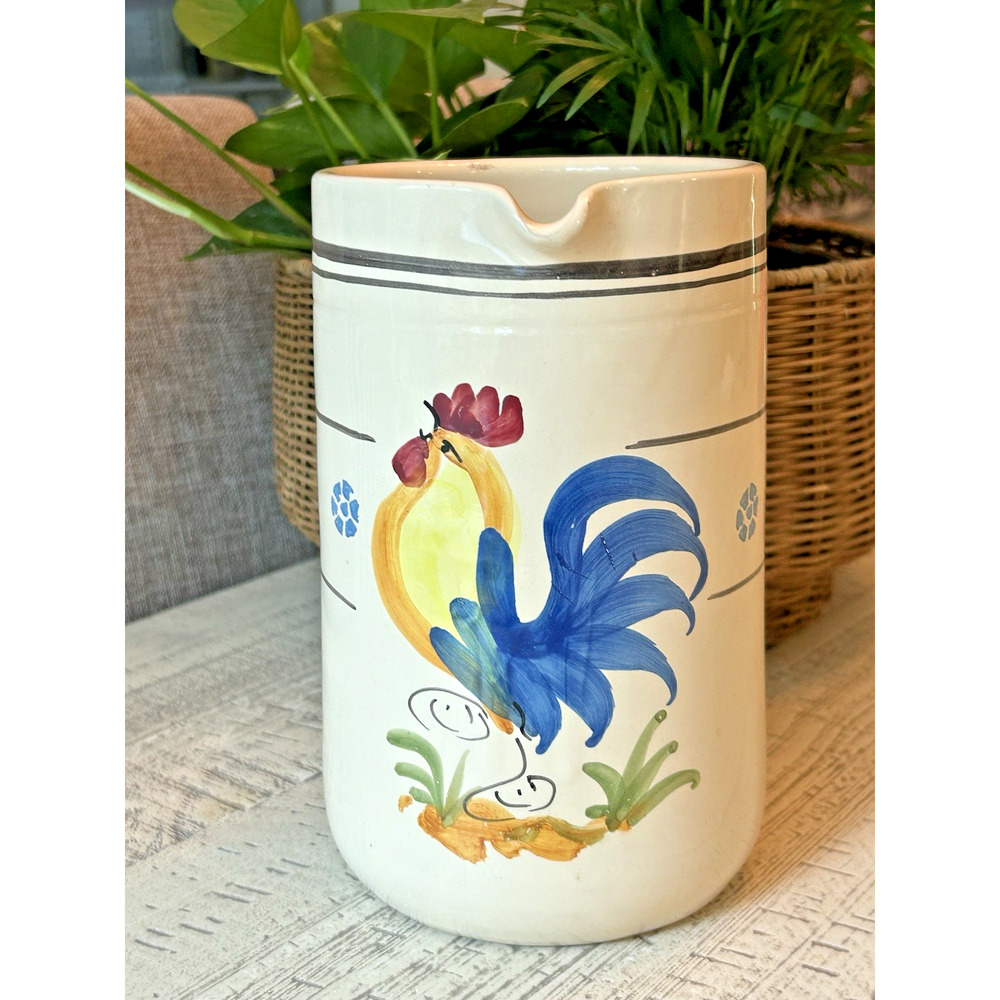 Hand Painted Pitcher Rooster Pottery Unmarked 7-3/4" tall